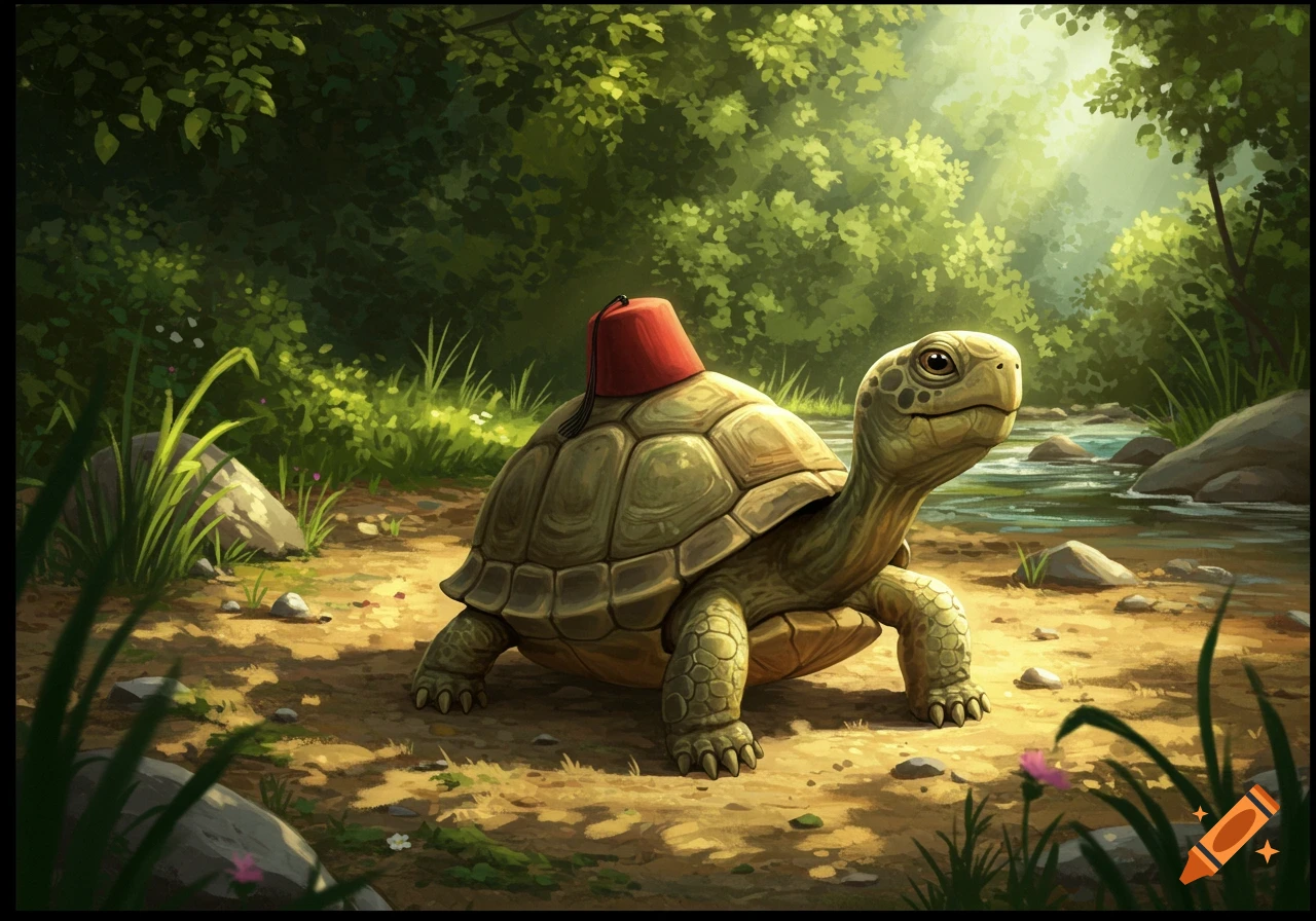 A cute turtle wearing a red fez stands by a stream in a sunlit forest.