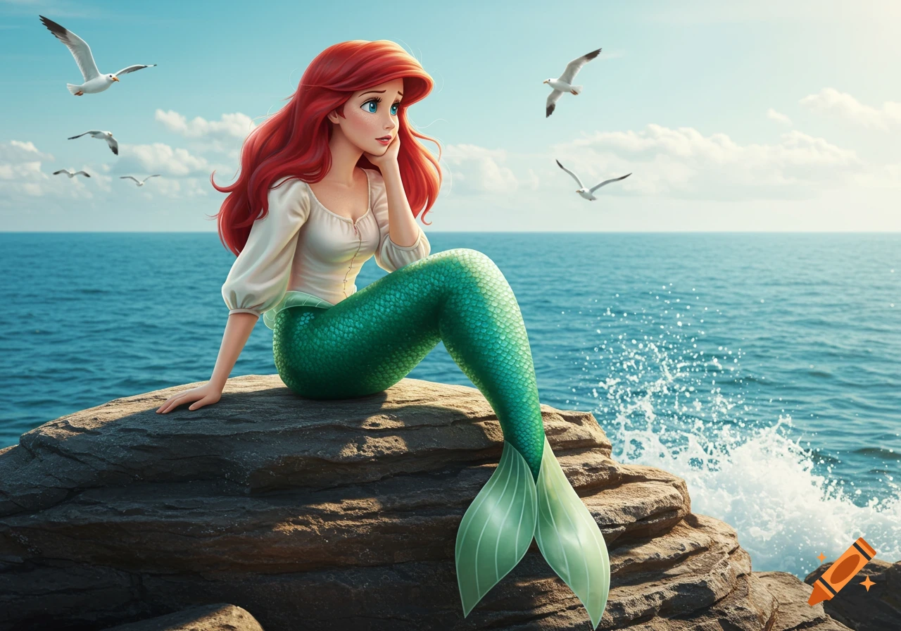 Ariel the Little Mermaid with red hair and green tail sits on a rocky shore, gazing at the blue ocean with seagulls flying above.
