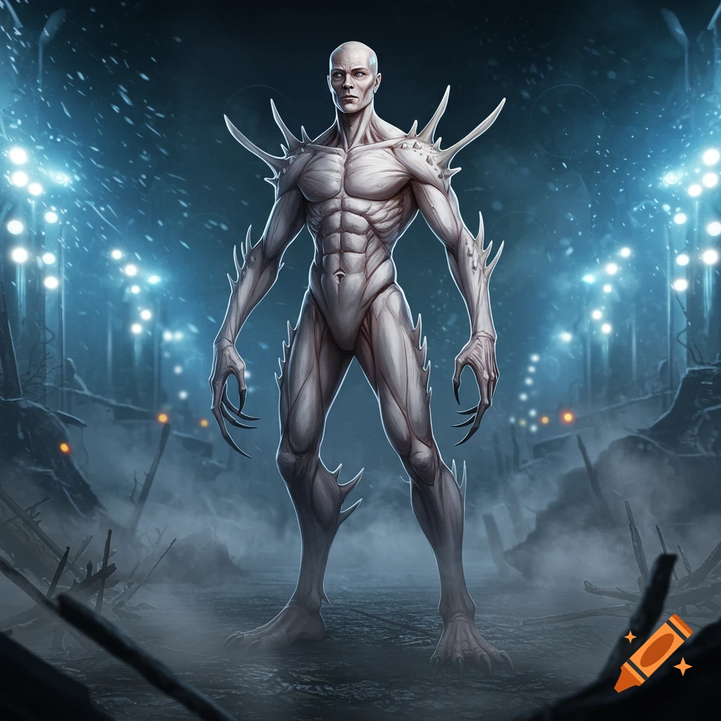 A pale, bald, humanoid monster with a spiky, muscled white body stands in a dark, desolate stadium lit by bright lights.