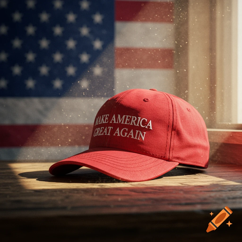 A red baseball cap with 'MAKE AMERICA GREAT AGAIN' on a wooden surface, with a blurry American flag in the background.
