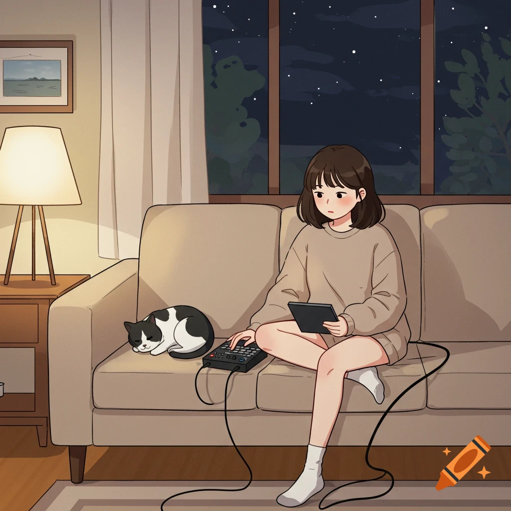 A cartoon illustration of a young woman sitting on a beige sofa, looking at a tablet, with a black and white cat sleeping beside her and a music production device on the couch. It's night, with stars visible outside a window.