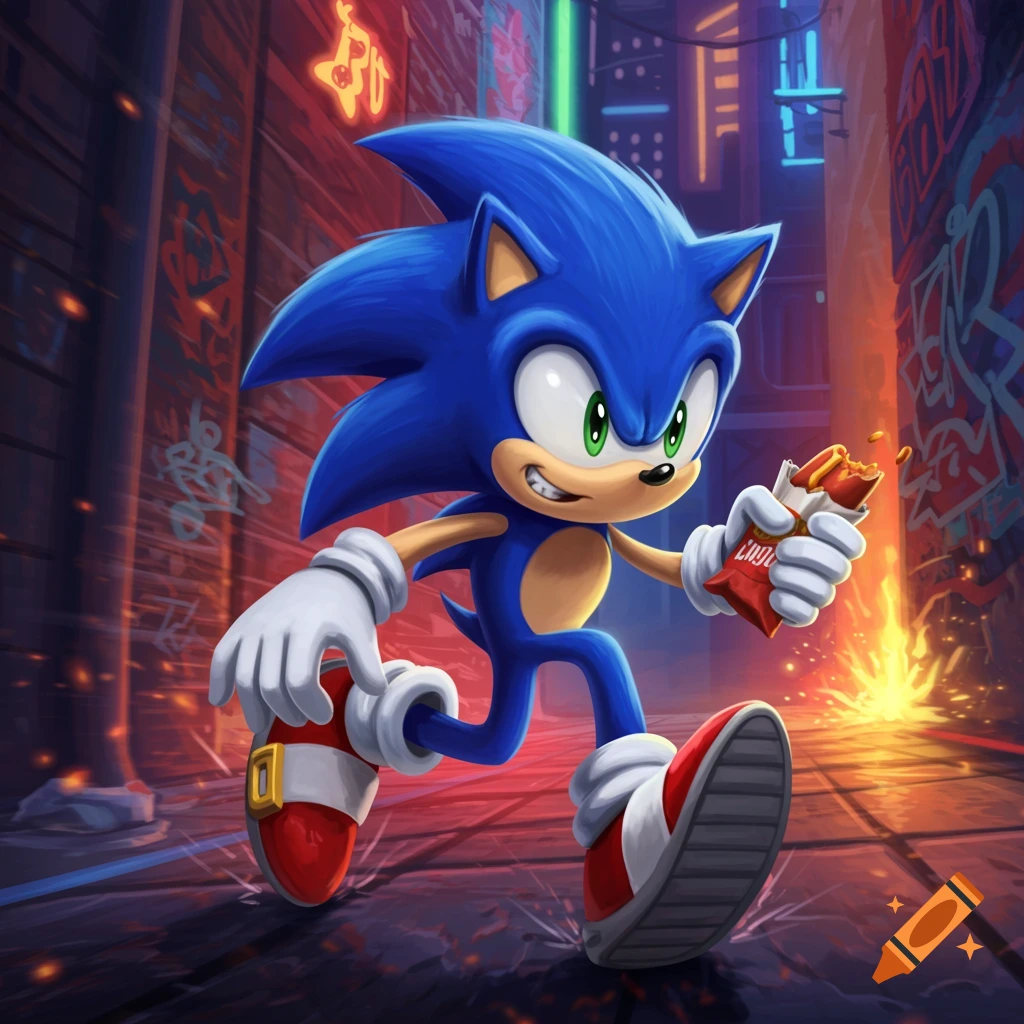 Sonic the Hedgehog runs through a neon-lit urban alley, holding a half-eaten chili dog.