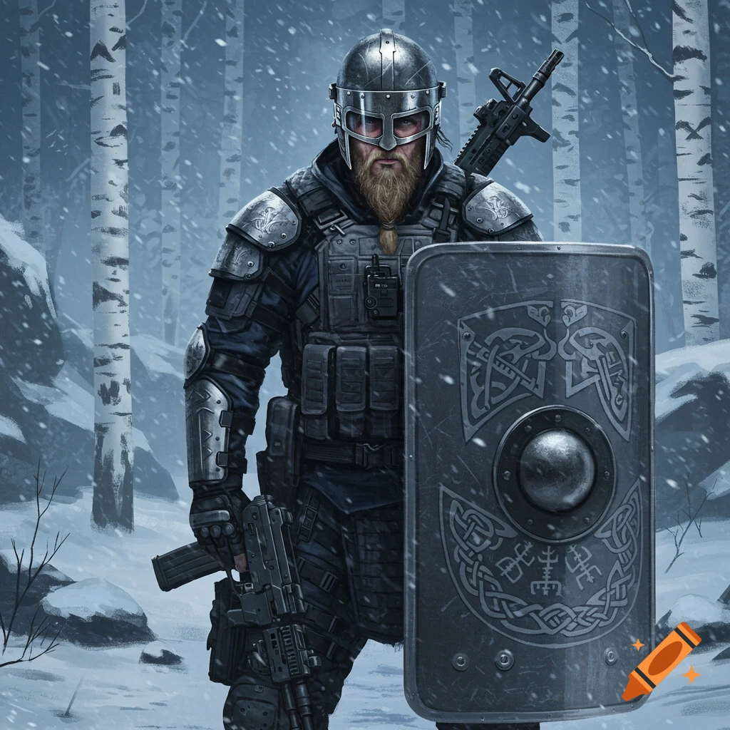 A tactical Viking warrior in armor and helmet holds a rifle and an ornate shield, standing in a snowy birch forest with falling snow.