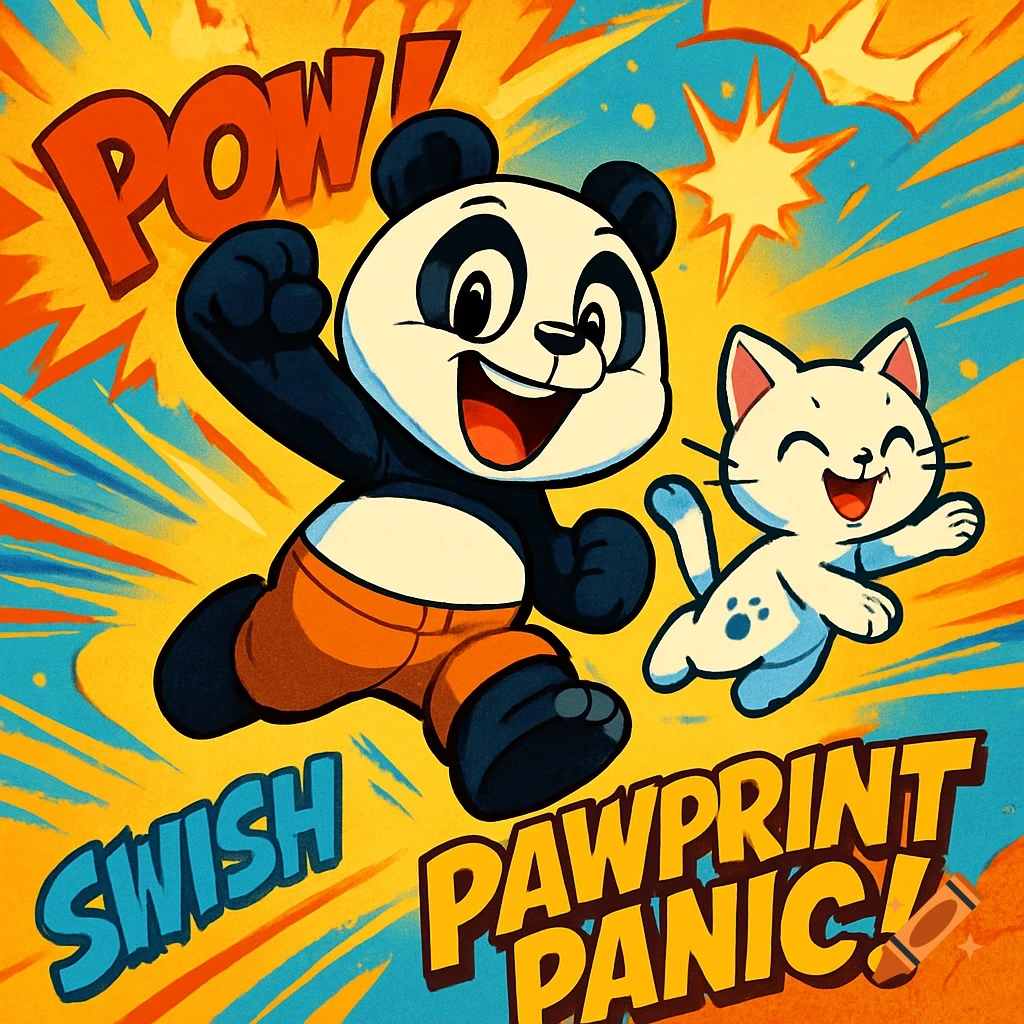 A vibrant cartoon panda and a white cat run excitedly against a yellow and blue pop art background with comic book text "POW!", "SWISH", and "PAWPRINT PANIC!".