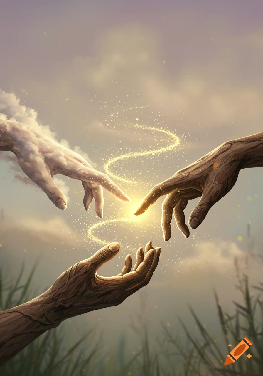 A cloud-like hand and two wood-textured hands reaching towards a glowing, sparkling orb of light in a digital painting.