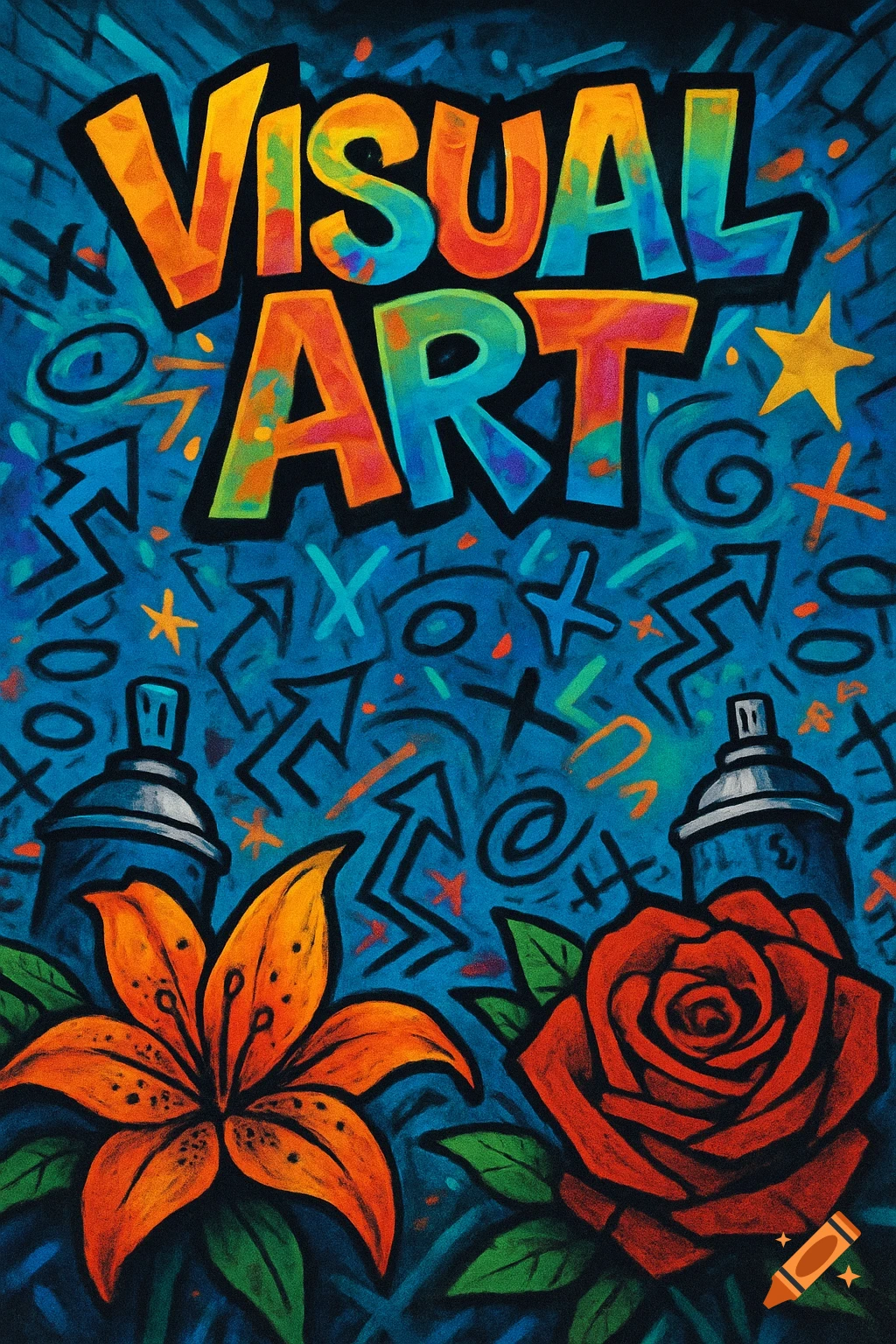 Colorful graffiti art with "VISUAL ART" in bold letters, spray cans, an orange lily, a red rose, and various doodles on a blue background.