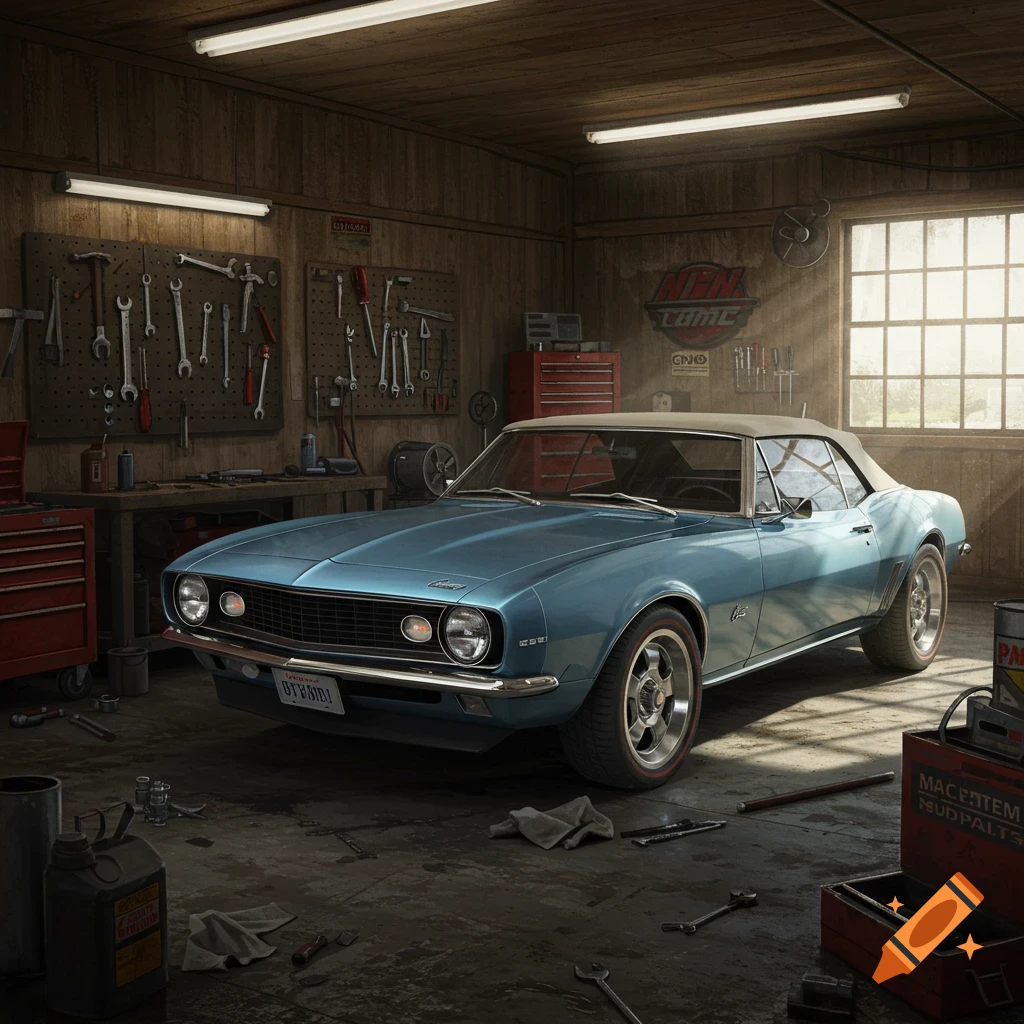 Photorealistic image of a light blue 1968 Camaro convertible parked in a cluttered garage with tools on the walls.