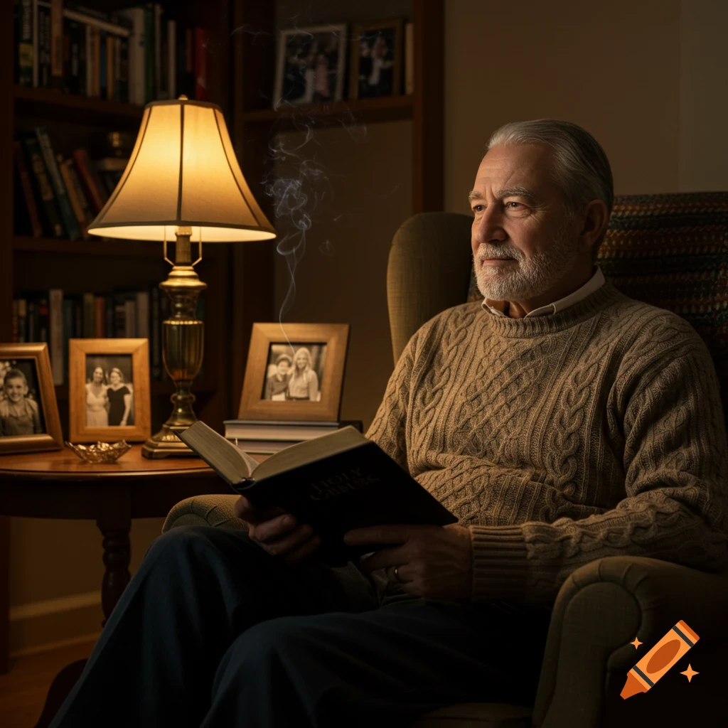 A bearded elderly man sits in an armchair, reading a book by the warm glow of a table lamp in a cozy room.
