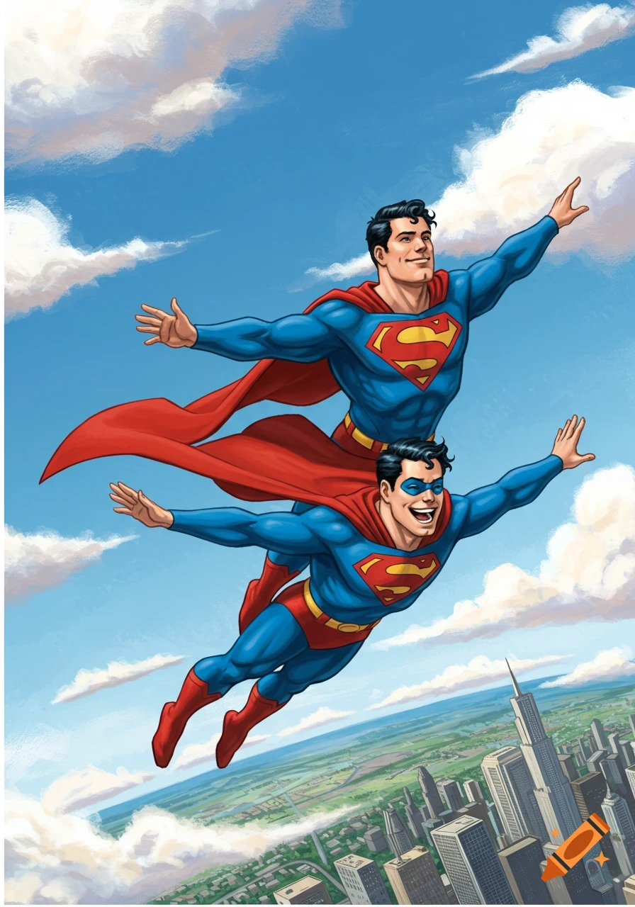 Two smiling Superman-like figures in blue and red costumes fly through a blue sky above a city, in a comic book art style.