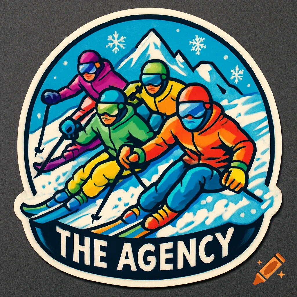 A colorful sticker featuring four skiers racing down a snowy mountain, with the text 'THE AGENCY' at the bottom.