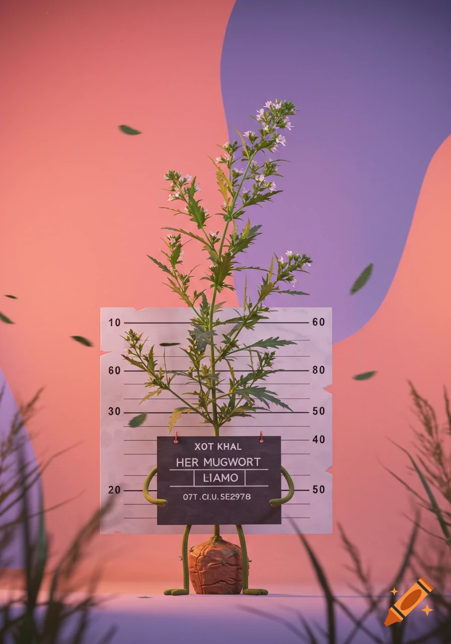 A stylized mugshot of a green plant with white flowers, holding a dark grey sign, against an orange and purple background.