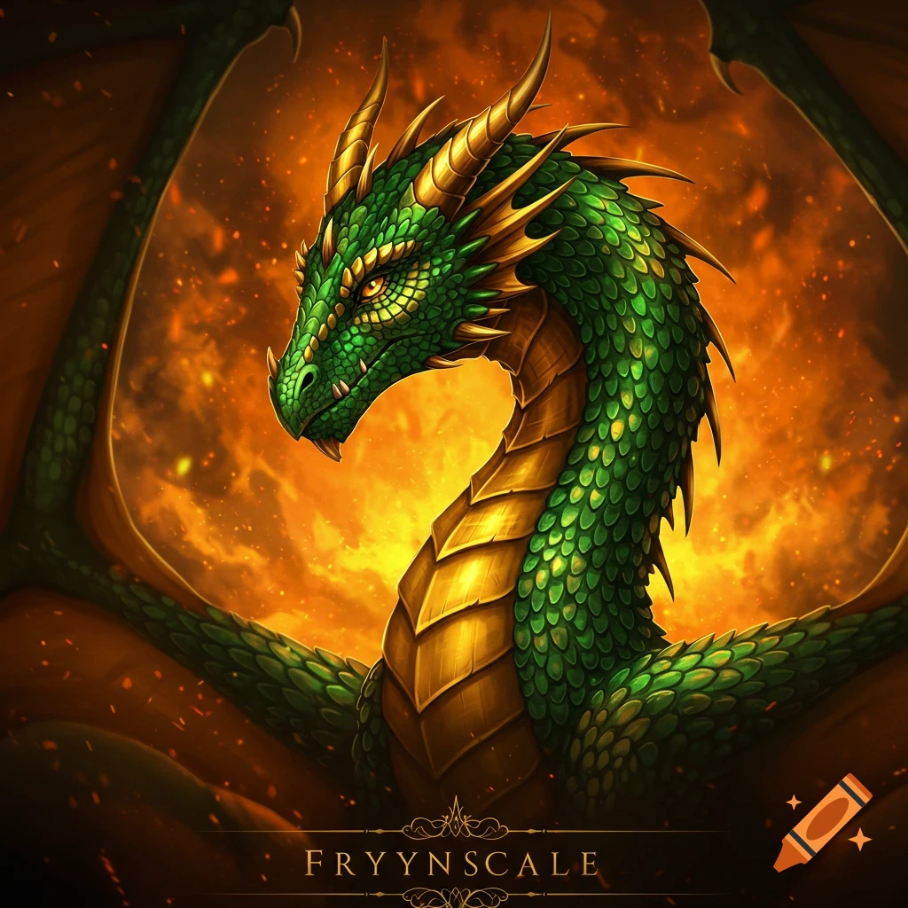 Close-up of a vibrant green and gold dragon against a fiery orange and black background, with the word "FRYYNSCALE" at the bottom.