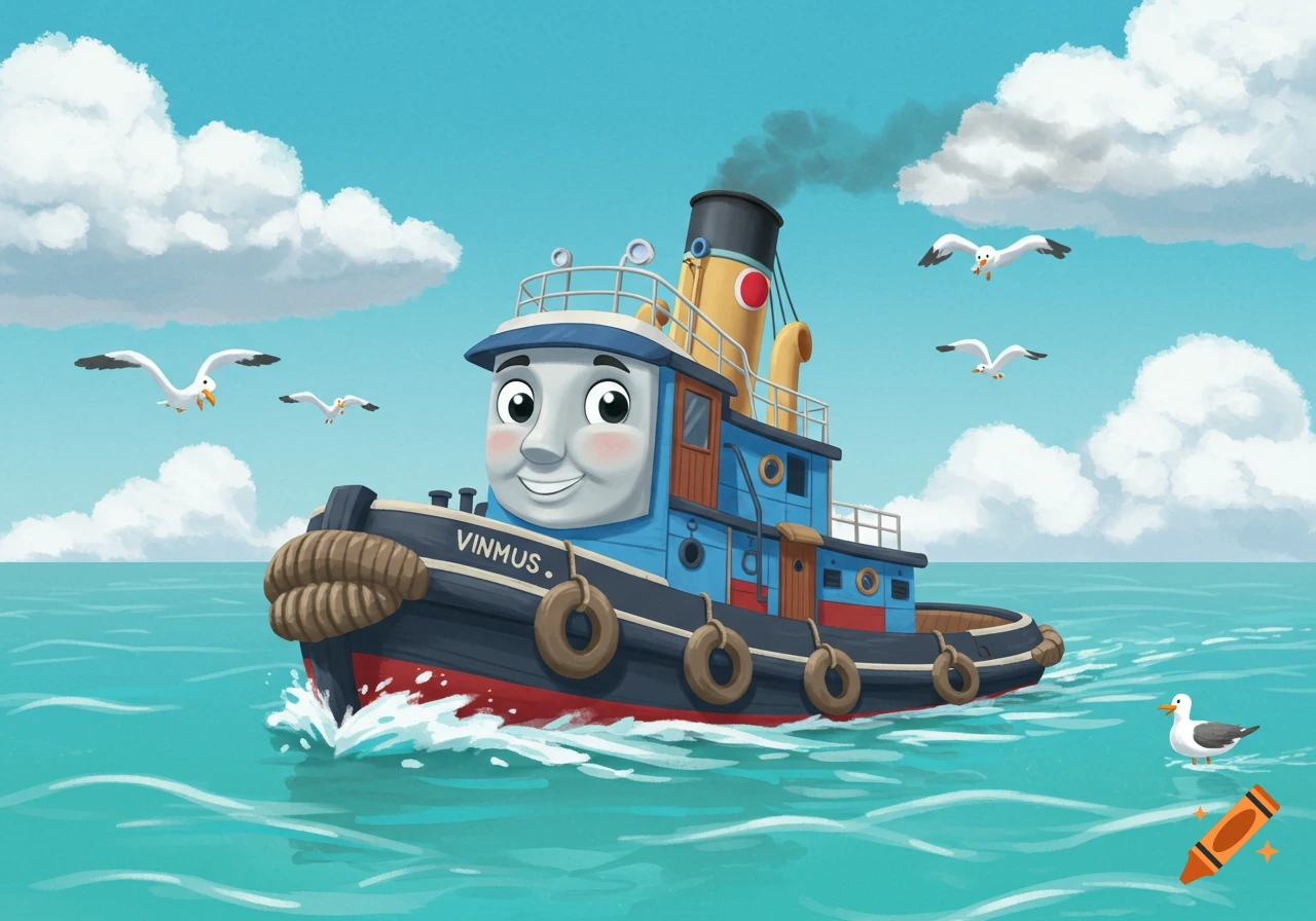 A friendly-faced cartoon tugboat named VINMUS sailing on blue water with seagulls and clouds in a children's illustration style.