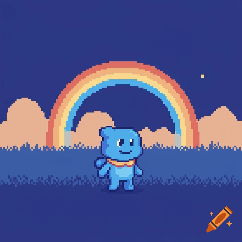 A cute blue pixel art creature with a yellow scarf stands in a pixelated field under a rainbow at night.