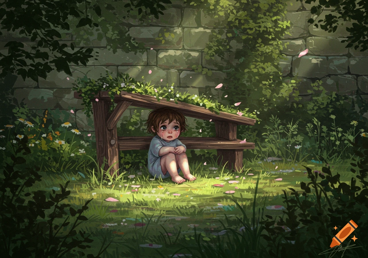 An illustration of a small, sad child sitting under a wooden bench, crying in an overgrown, sunlit garden.