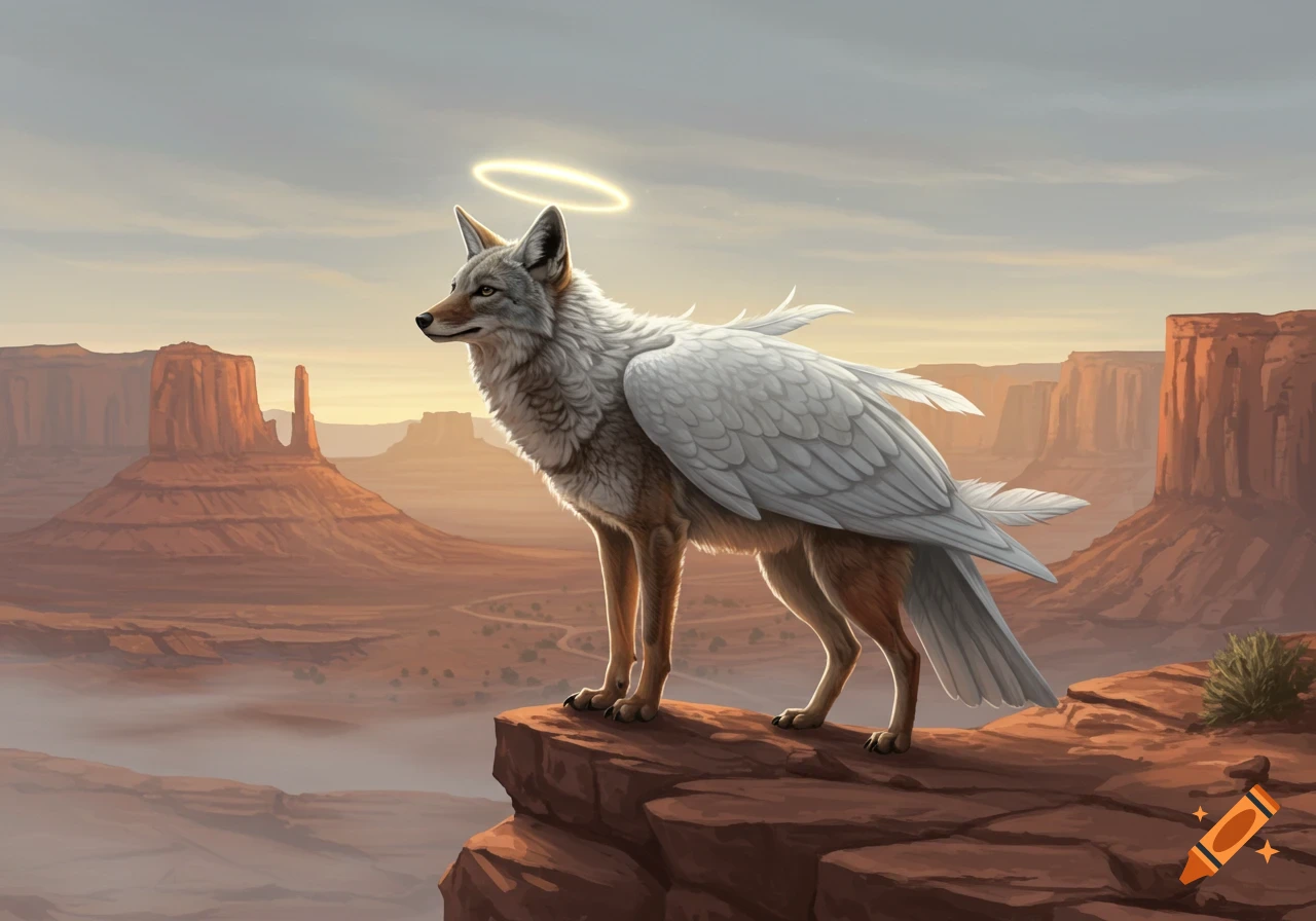 A coyote with white wings and a halo stands on a rock overlooking a vast desert landscape with mesas and buttes.