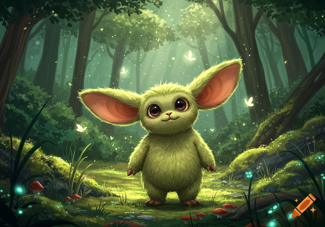 A cute, green, furry creature with big ears and large eyes smiles in an enchanted forest with glowing fireflies.