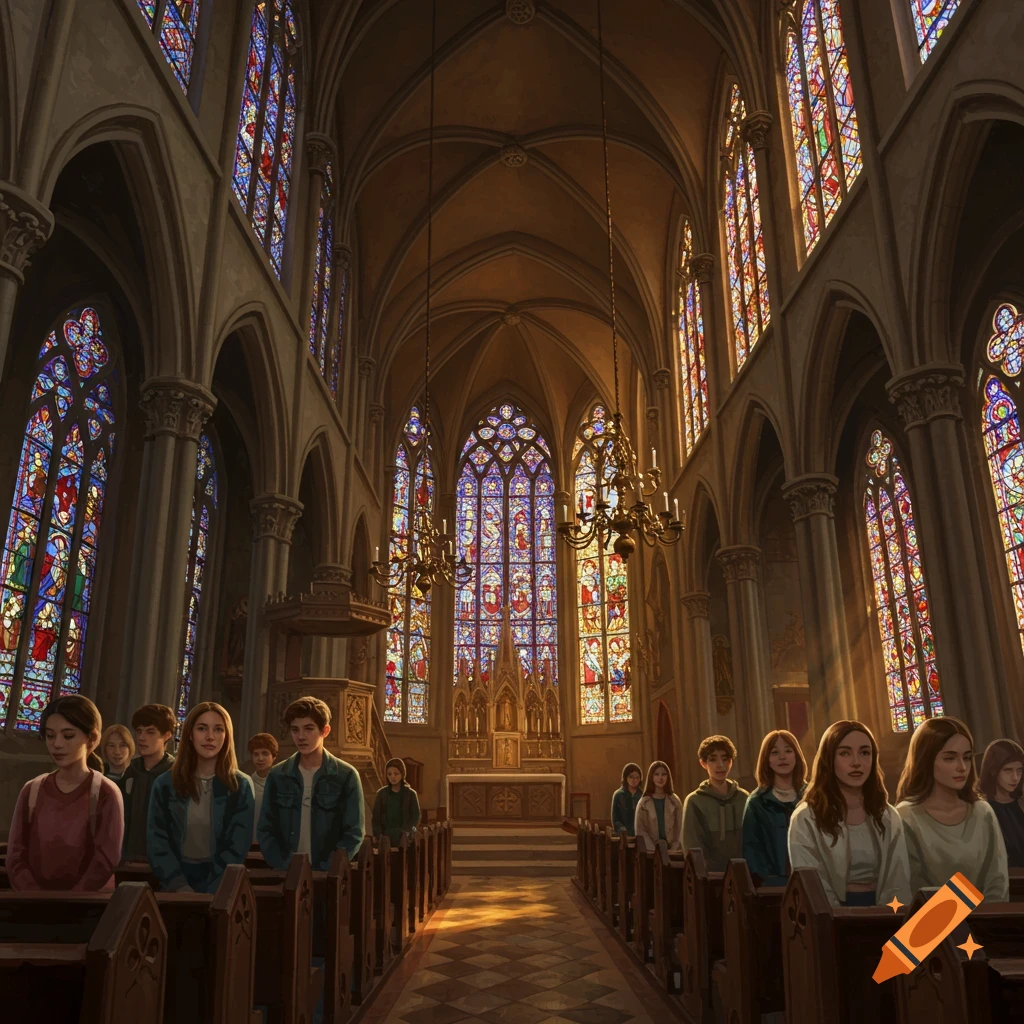 Young people stand in pews inside a grand church with towering gothic architecture and vibrant stained-glass windows illuminating the scene with colorful light.