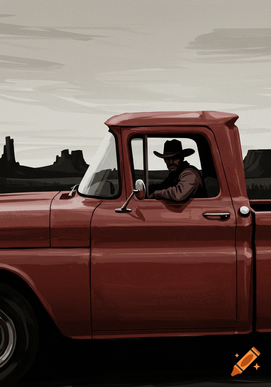 Illustration of a cowboy in a red vintage pickup truck, seen from the side, against a dark, desolate desert landscape.