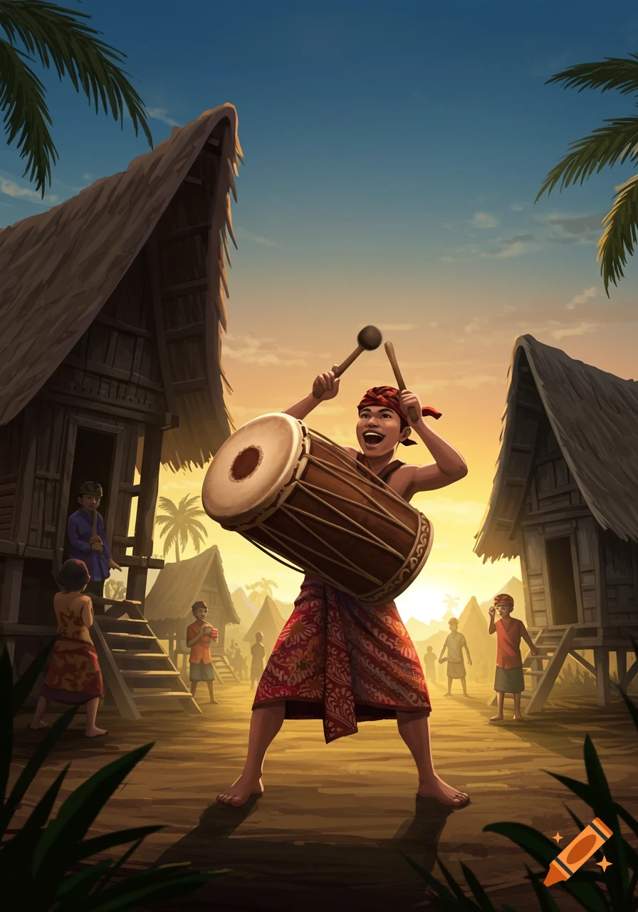 A person enthusiastically plays a large drum in a traditional village at sunset, in an animated illustration style.