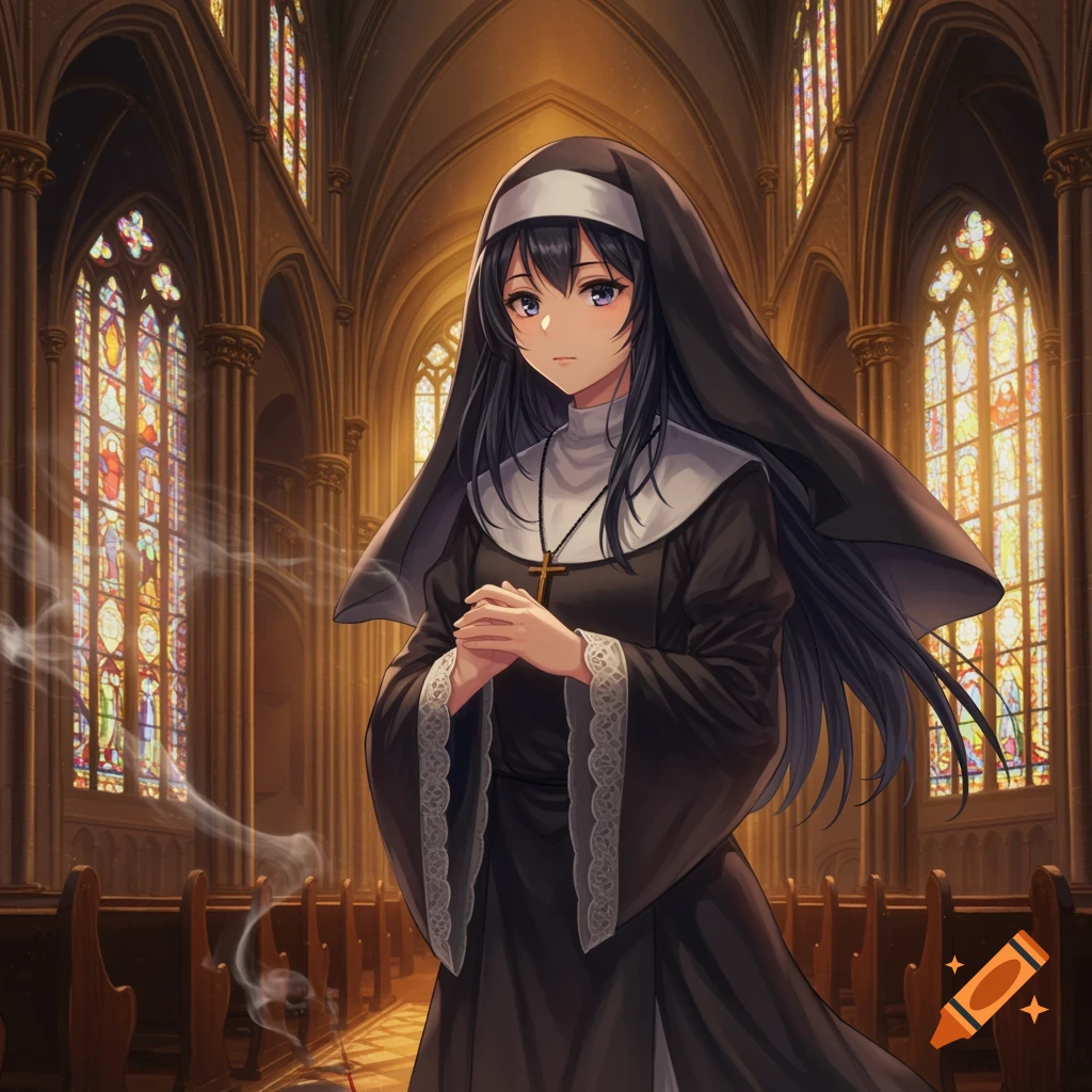 An anime girl dressed as a nun stands with hands clasped in a church with stained glass windows.