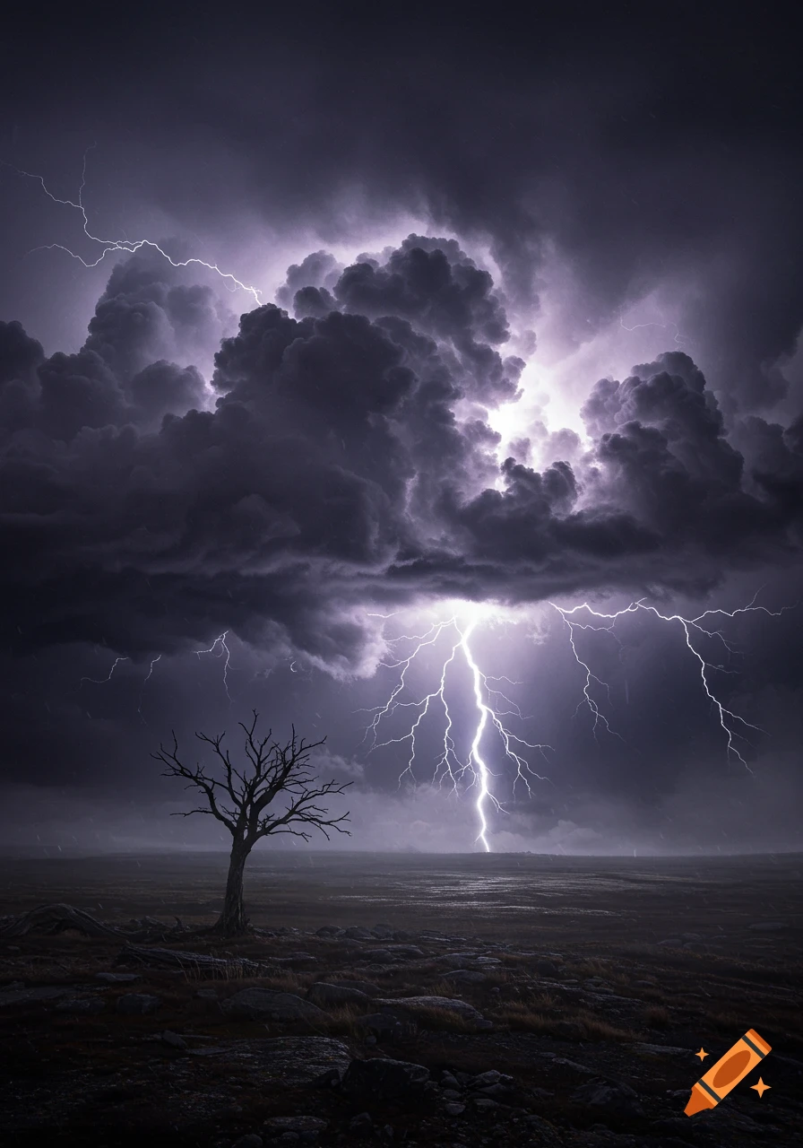A dark, stormy landscape with a barren tree and vivid lightning strikes illuminating ominous clouds.