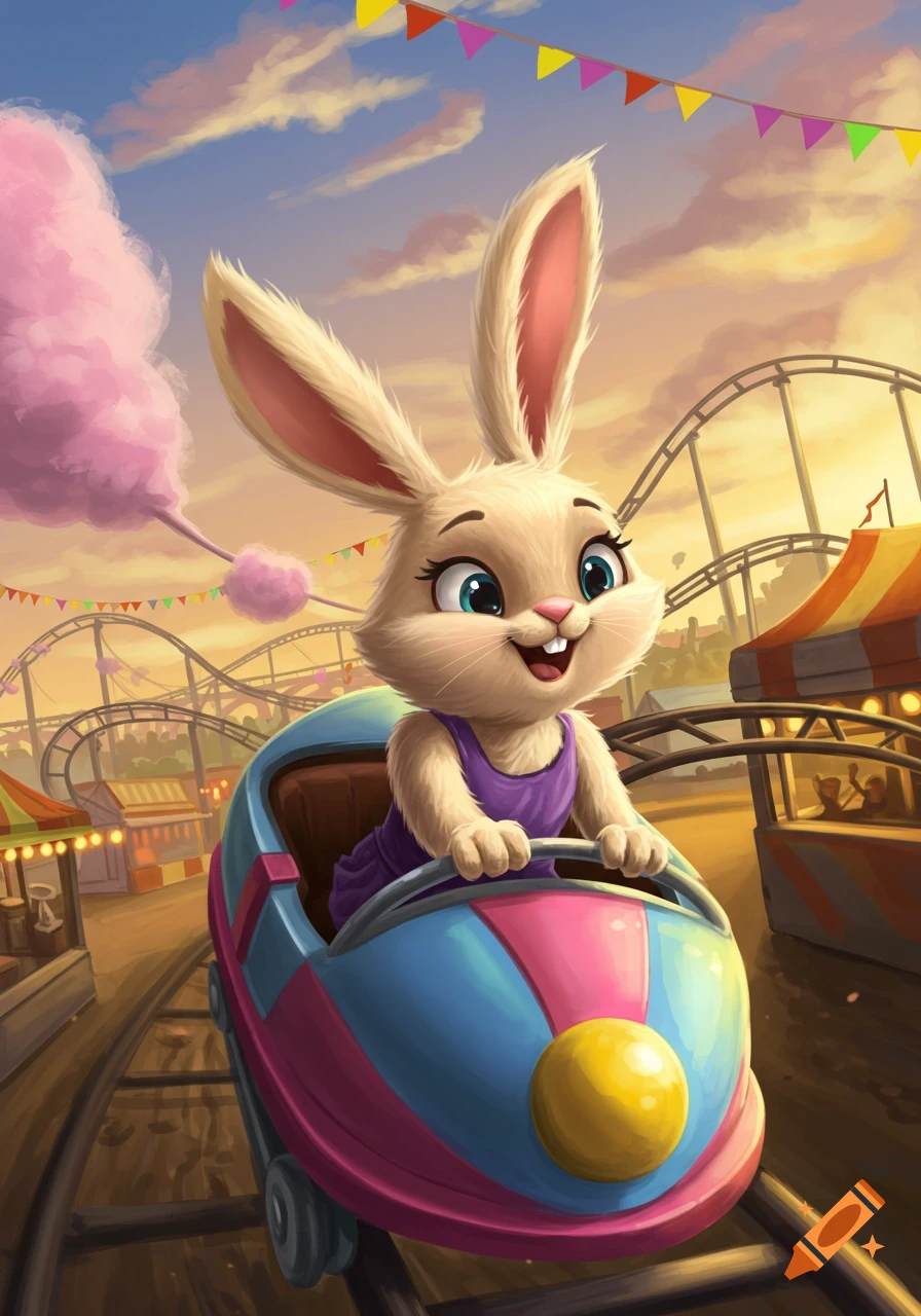 A cute, happy cartoon bunny rides a colorful rollercoaster at an amusement park with cotton candy in the sky.