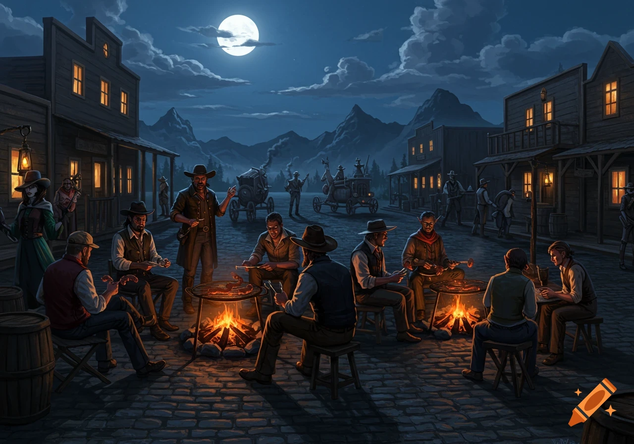 A group of cowboys and townsfolk gather around two campfires grilling food in a moonlit, fantasy-styled frontier town square at night.