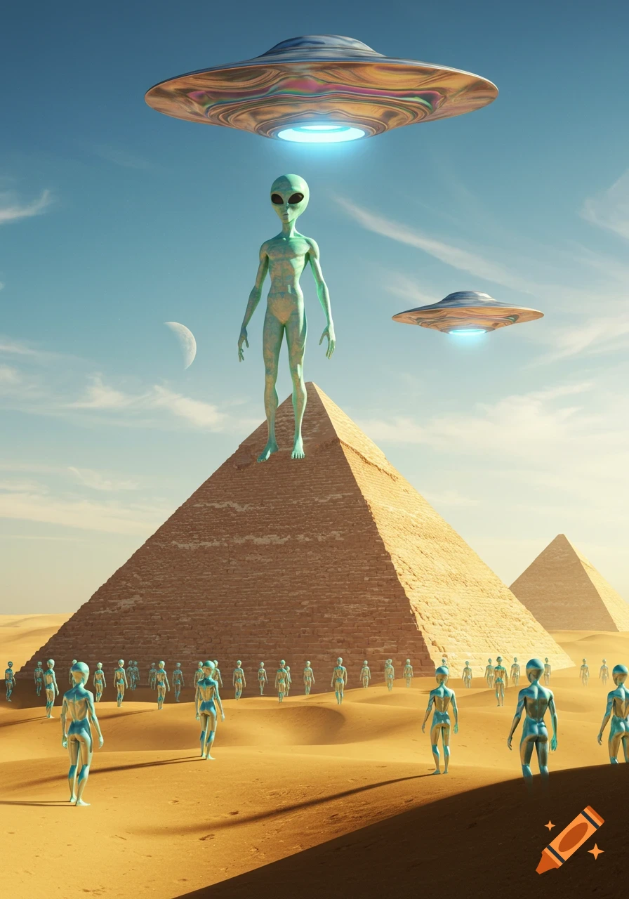 A photorealistic scene shows a large alien standing on a pyramid, while smaller aliens gather in a desert with two UFOs overhead.