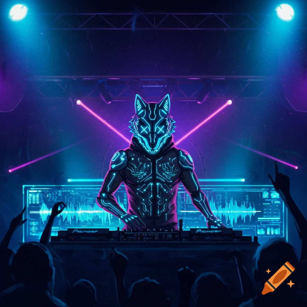 A futuristic DJ with a glowing blue LED wolf helmet and circuit suit performs on a neon-lit stage with laser beams before a crowd.