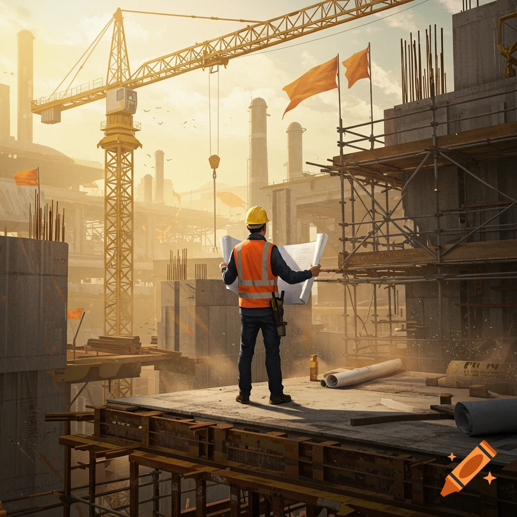 An engineer in a hard hat and safety vest reviews blueprints at a large construction site with cranes and industrial buildings at sunset.