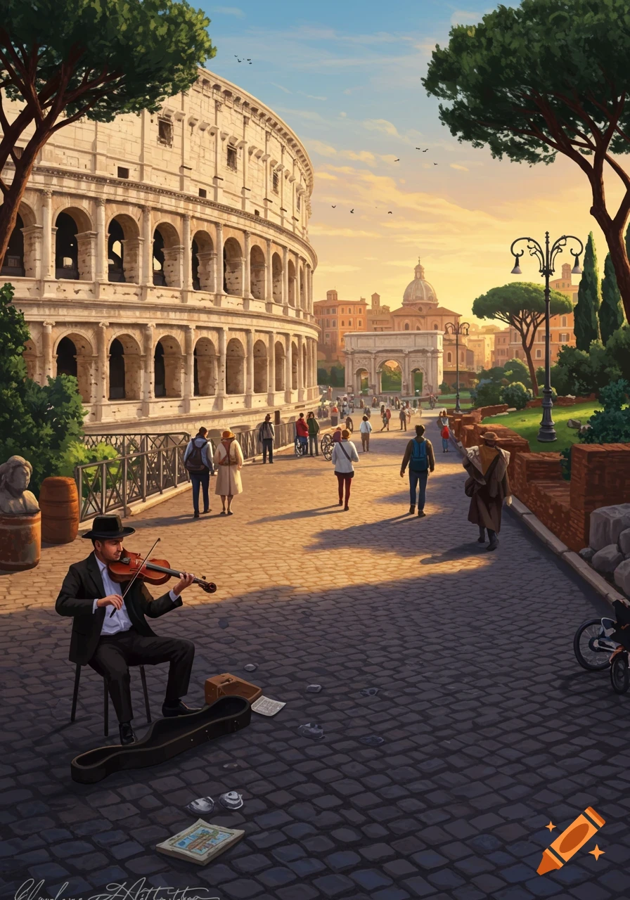 A vibrant painterly illustration of a street scene in Rome with the Colosseum, an arch, and people, including a violinist busking in the foreground, at sunset.