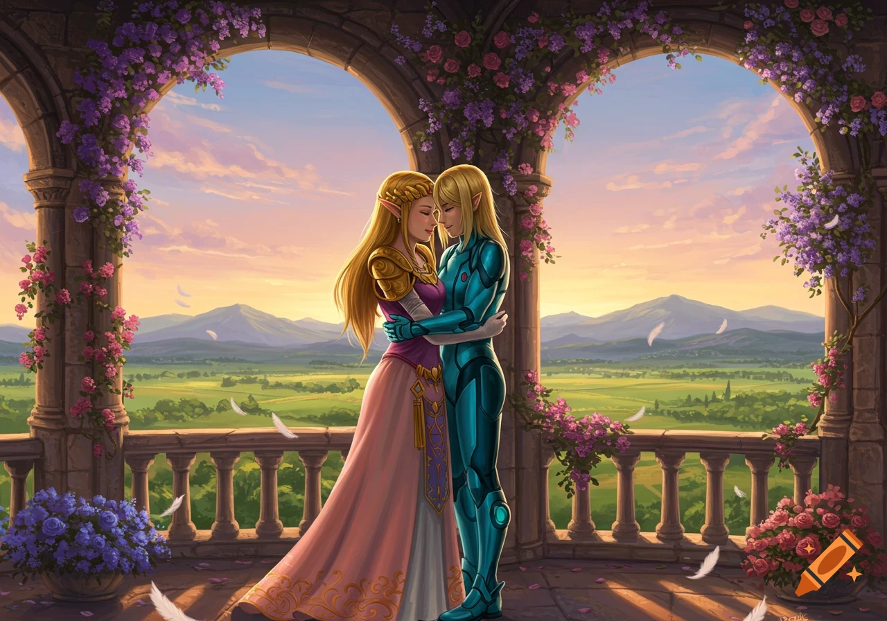 Princess Zelda and Samus Aran embrace on a flower-covered castle balcony at sunset, overlooking a vast landscape.