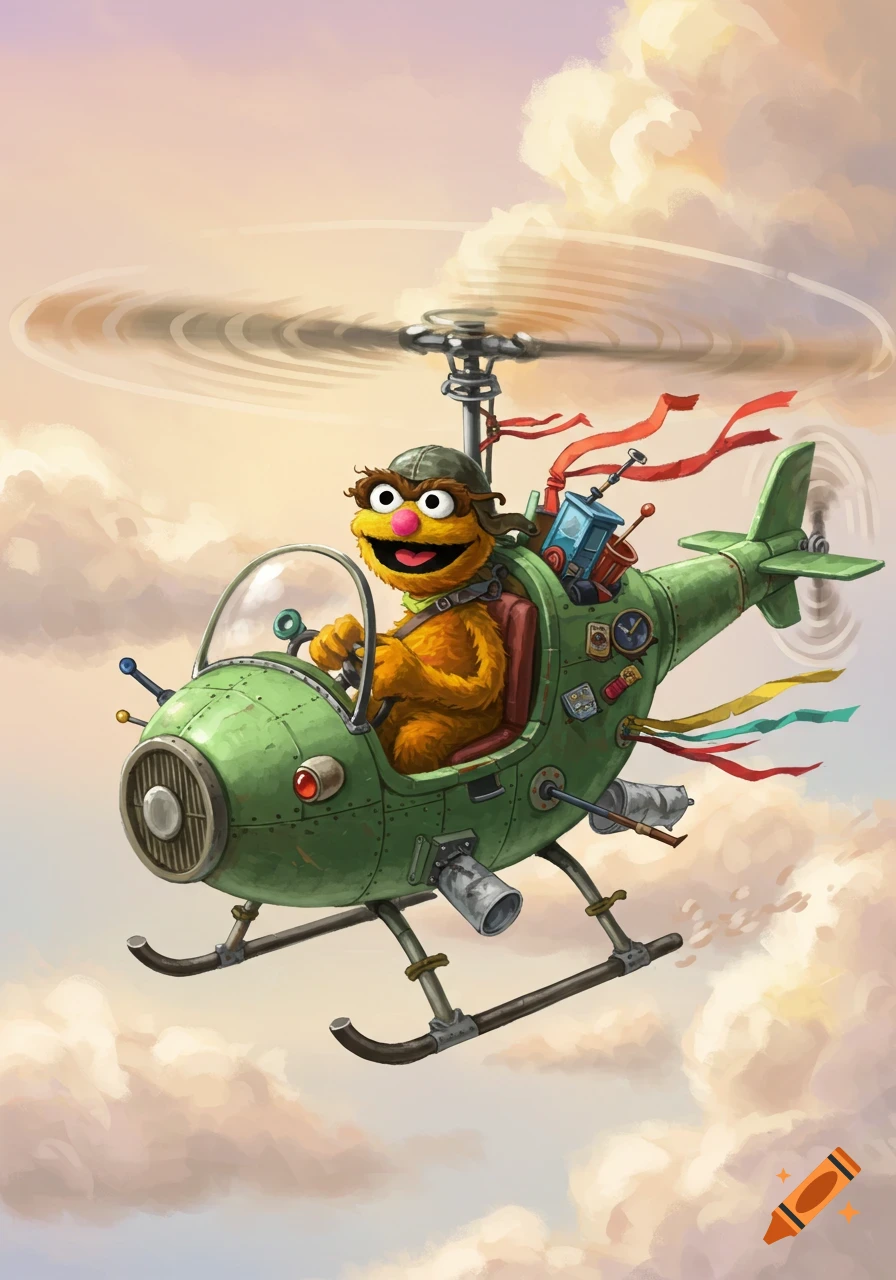 A cartoon Fozzie Bear smiles while flying a green, whimsical helicopter with ribbons, high in a cloudy sky.