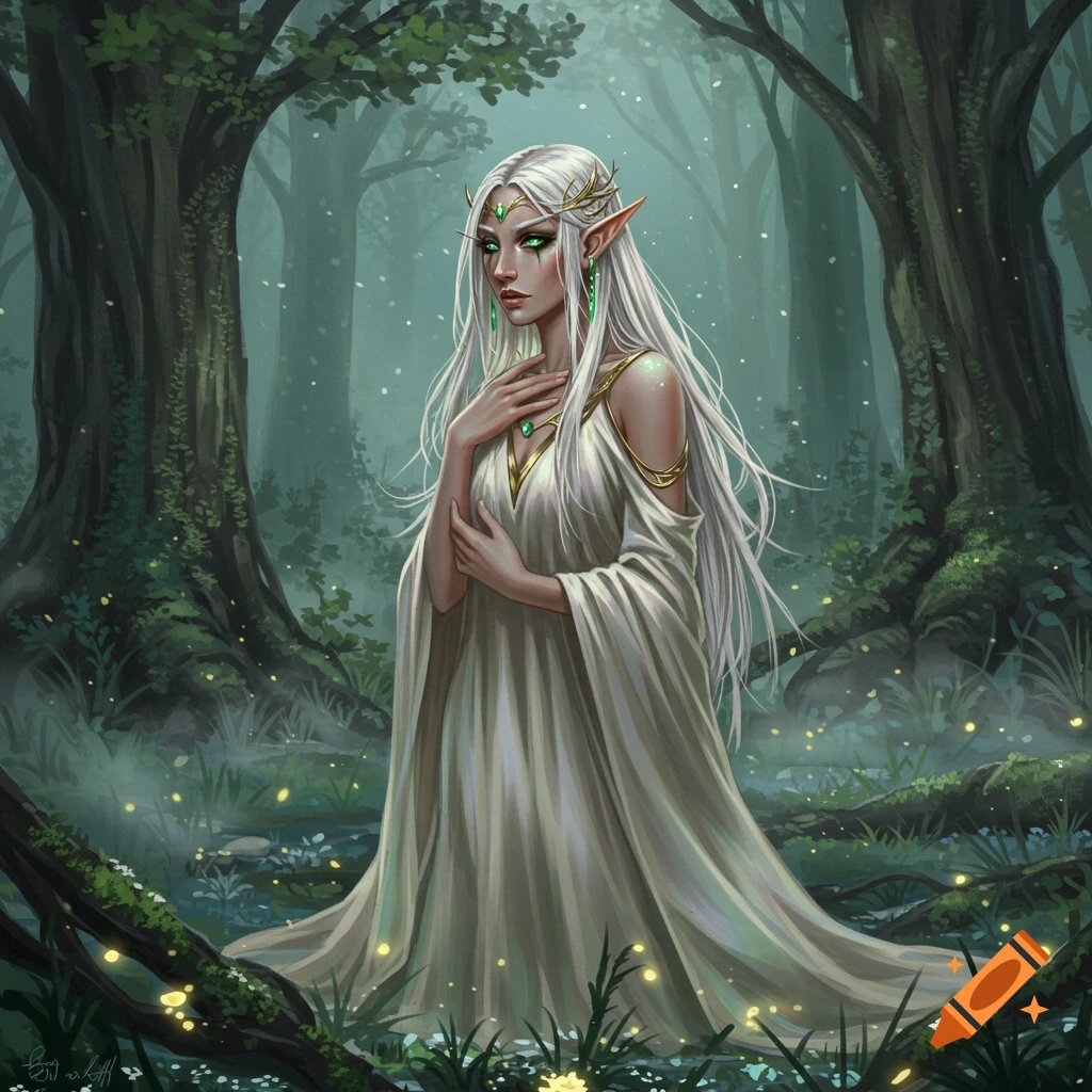 A pale, long-haired high elf woman with glowing green eyes in a white gown stands in a misty, magical forest. Fantasy art.