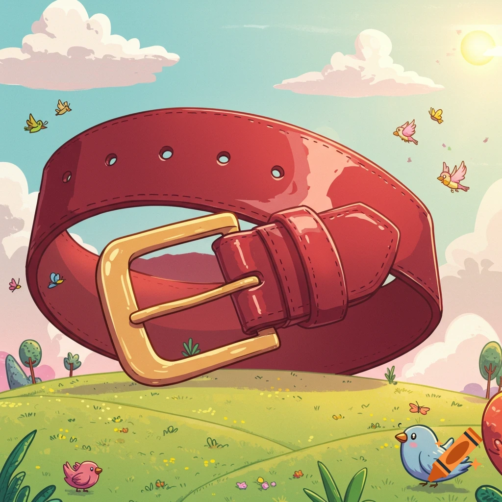 A vibrant cartoon illustration of a giant red belt with a gold buckle resting on a grassy hill with small birds and butterflies.