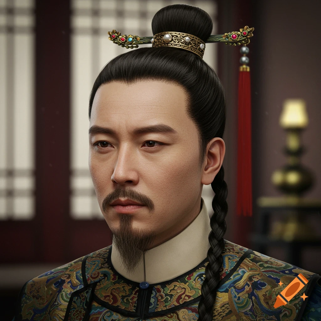 Photorealistic portrait of a man with a Manchu queue and topknot, wearing ornate traditional clothing.