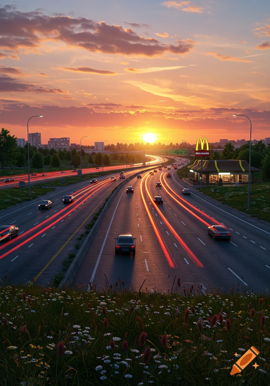 A photorealistic image of a multi-lane highway at sunset with cars and red light trails, a McDonald's restaurant on the right, and a city skyline in the distance.