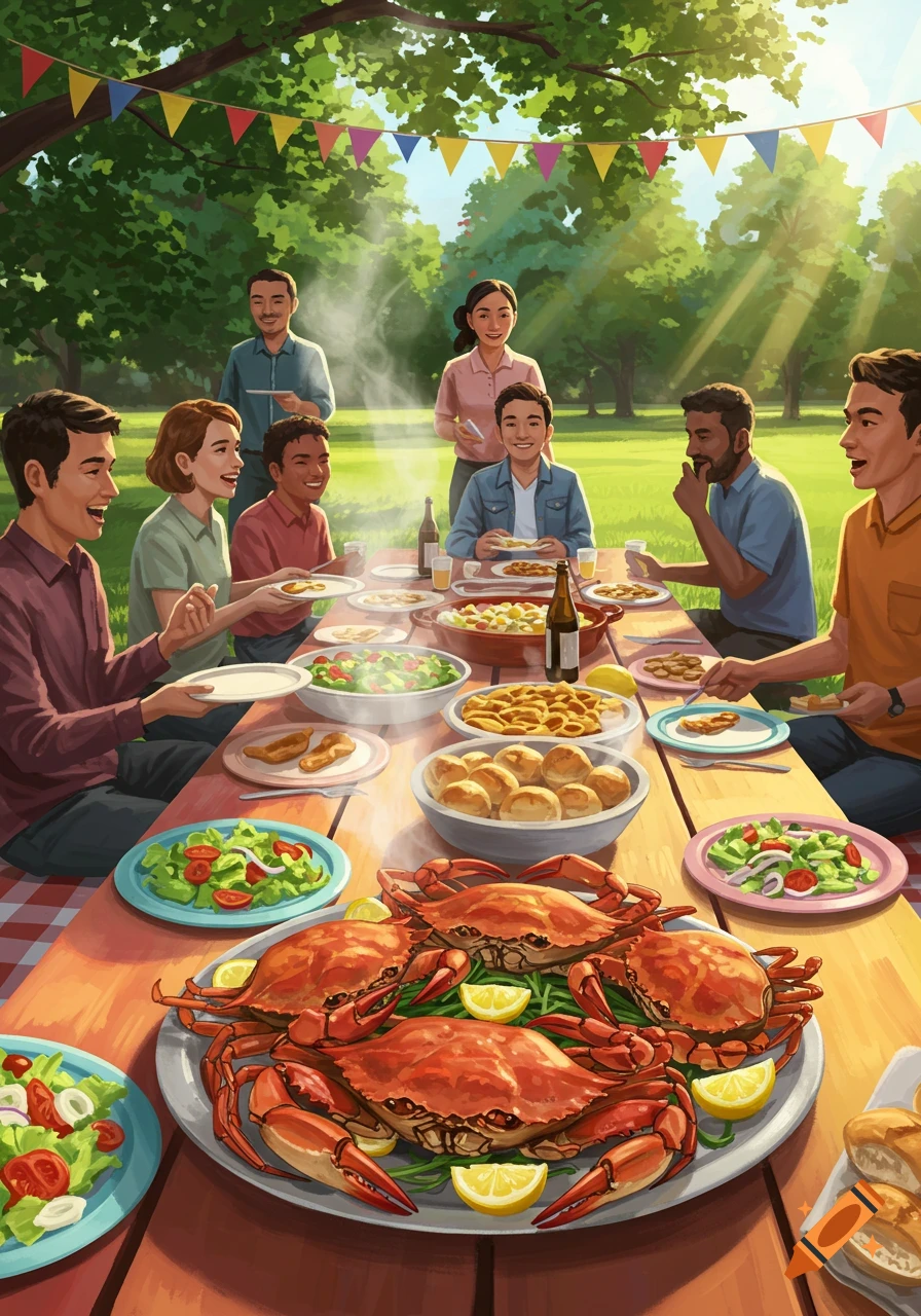 A vibrant illustration of a group of people enjoying a picnic with a large spread of food, including crabs and salads, under trees in a sunny park.