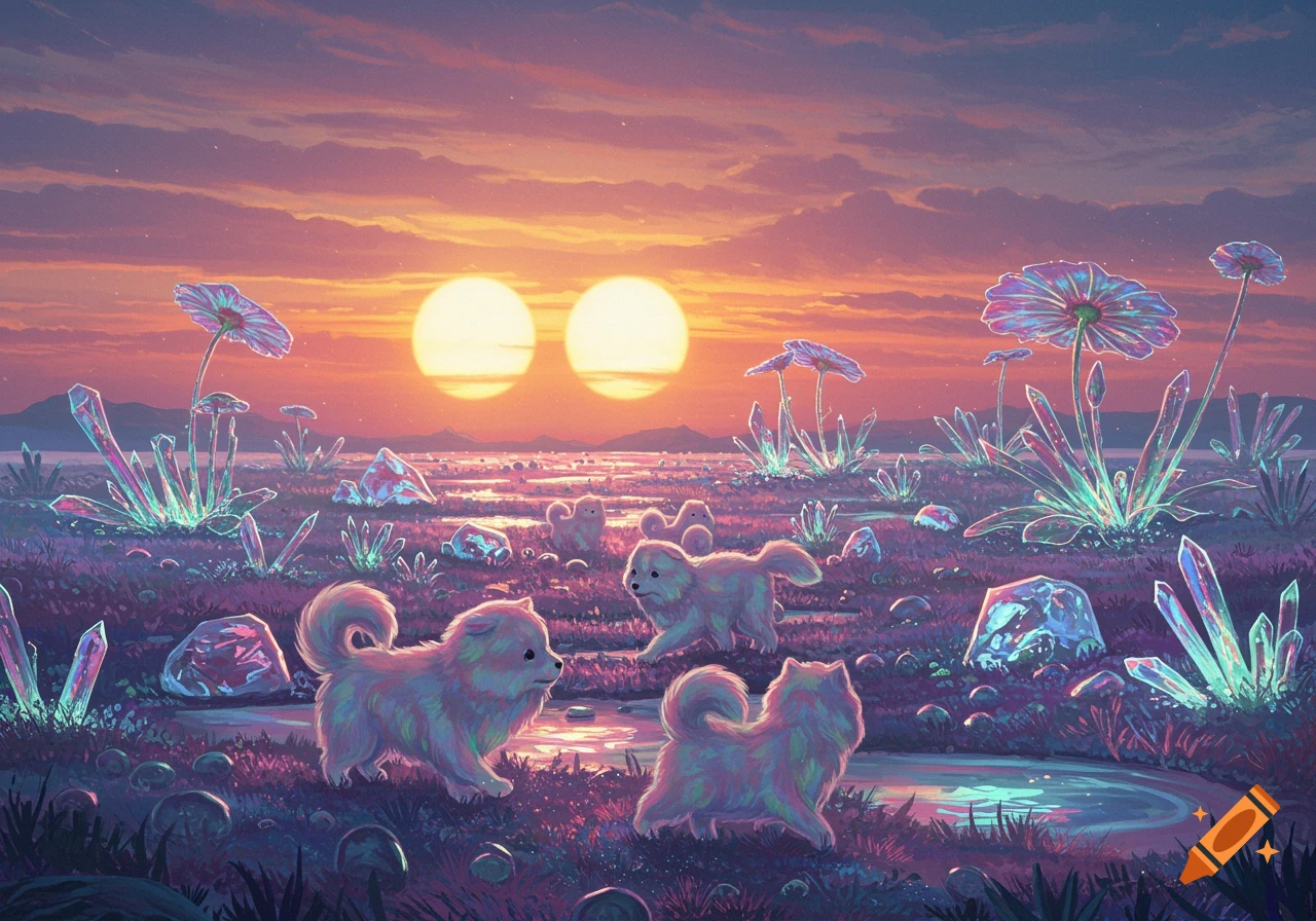 An alien landscape with two suns and glowing crystals, featuring three fluffy puppy-like creatures wandering among colorful plants.