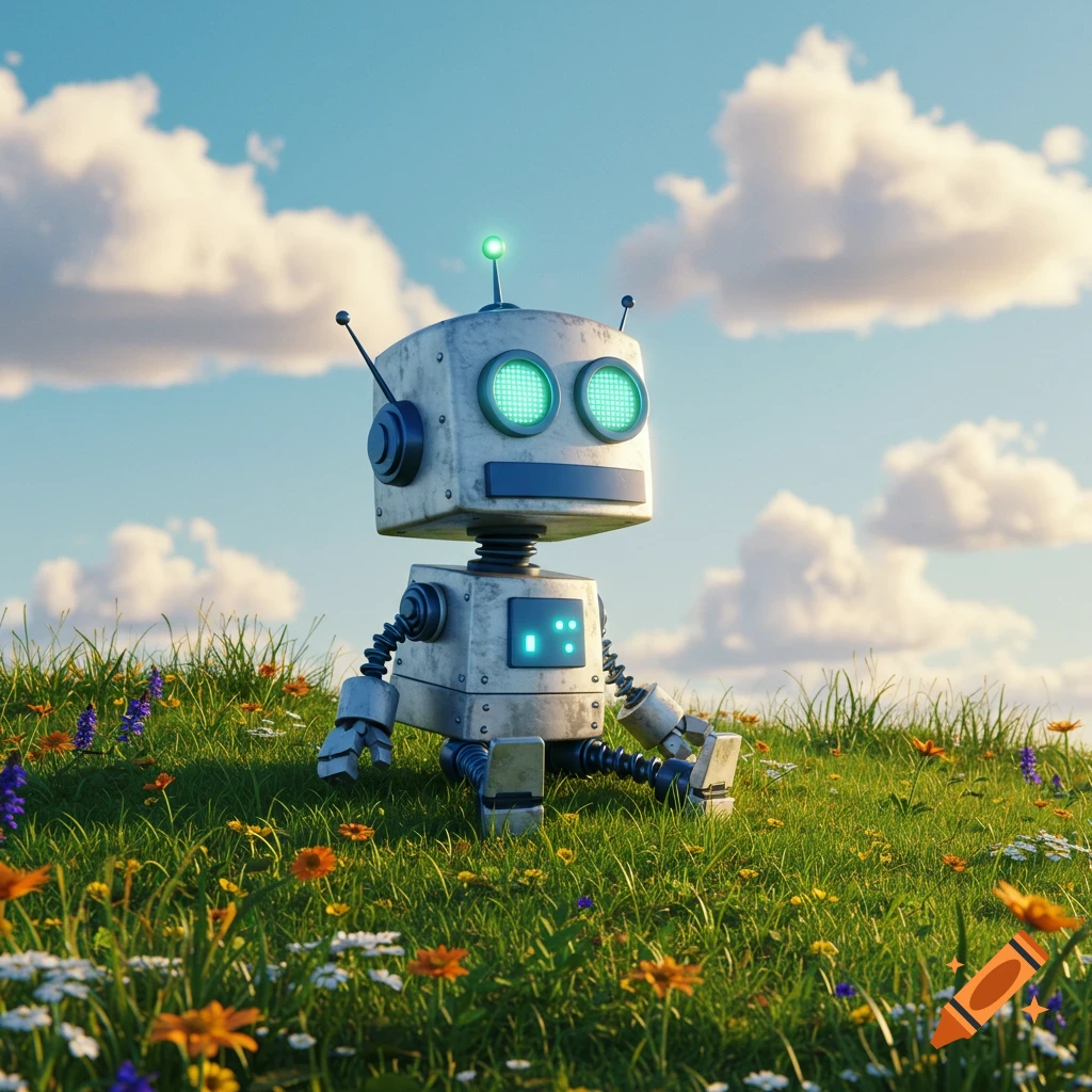A cartoon-style silver and blue robot with glowing green eyes and antenna sits in a vibrant green field with colorful wildflowers under a blue sky with fluffy clouds.