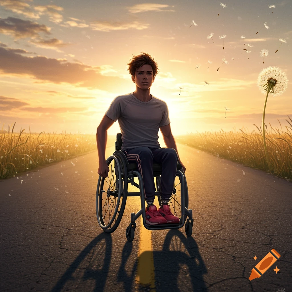 A young man in a wheelchair on a rural road at sunset, with dandelions blowing in the wind.