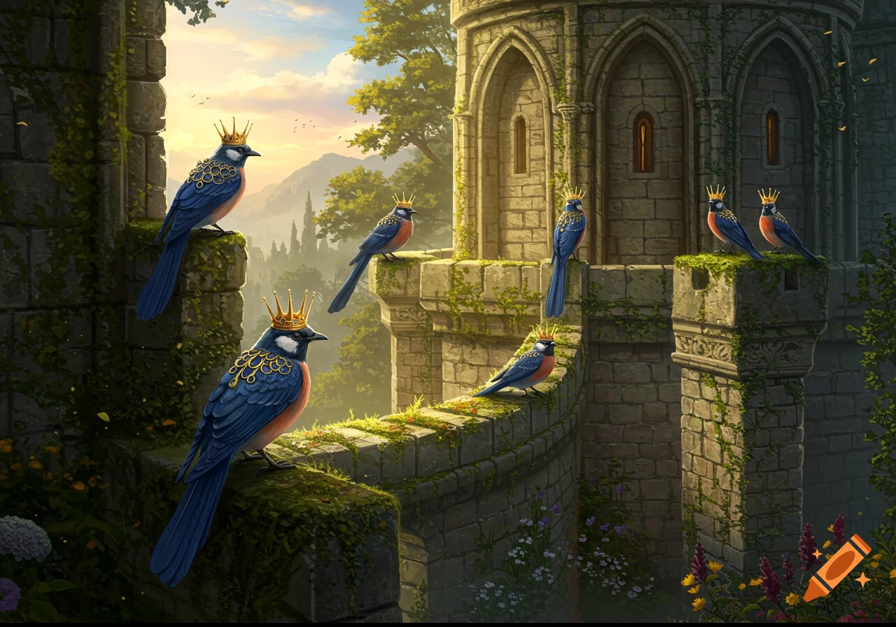 Multiple blue birds with golden crowns perched on mossy castle walls at sunset in a fantasy landscape.