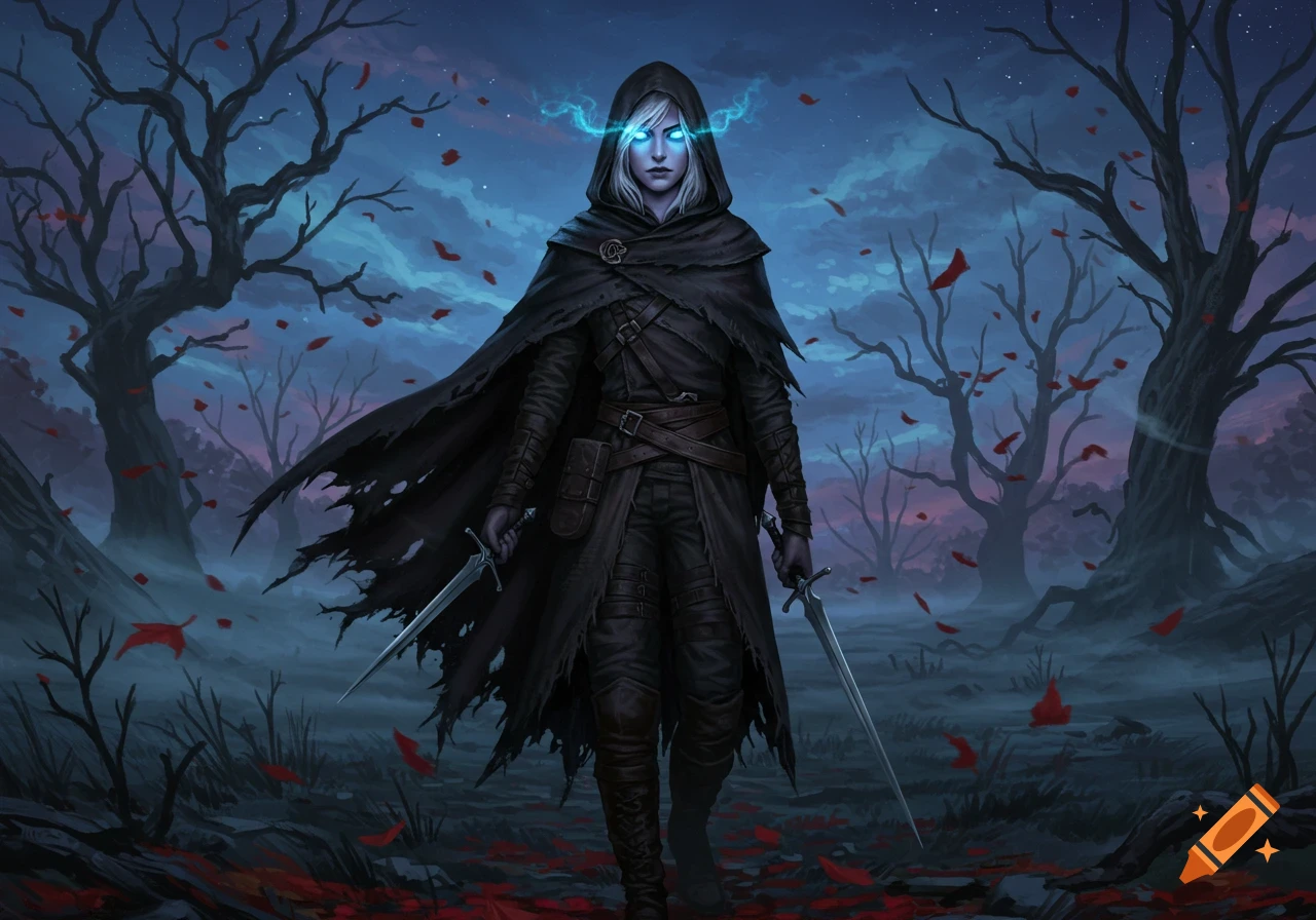A powerful hooded figure with glowing blue eyes holds two swords in a dark, misty fantasy forest with red leaves.