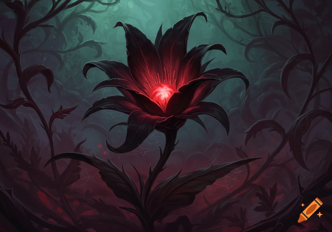 A dark, ominous flower with a glowing red core and black petals, surrounded by twisted vines in a mysterious, dark forest.