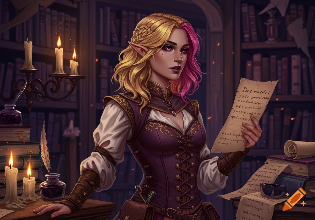 An elf woman with blonde and pink hair in a corset reads a scroll in a dimly lit, candlelit library, digital art.