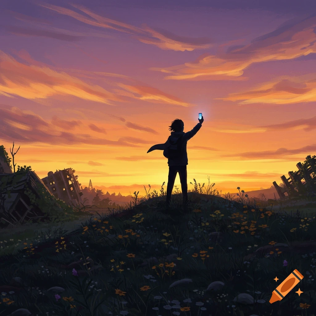 A person takes a selfie on a grassy hill at sunset, silhouetted against an orange and purple sky with ruined buildings.