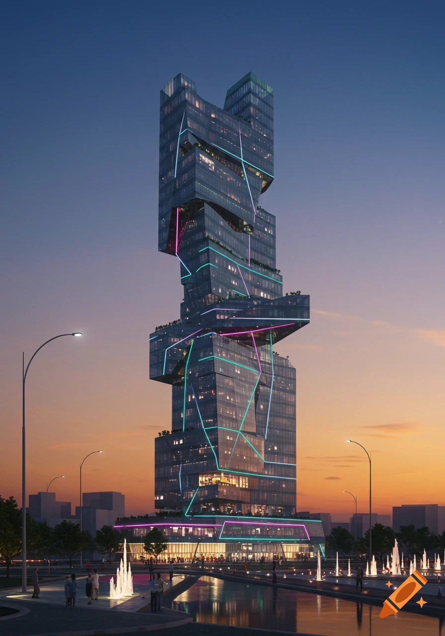 A tall, postmodern glass skyscraper with colorful neon lights at dusk, overlooking a canal with fountains and people.
