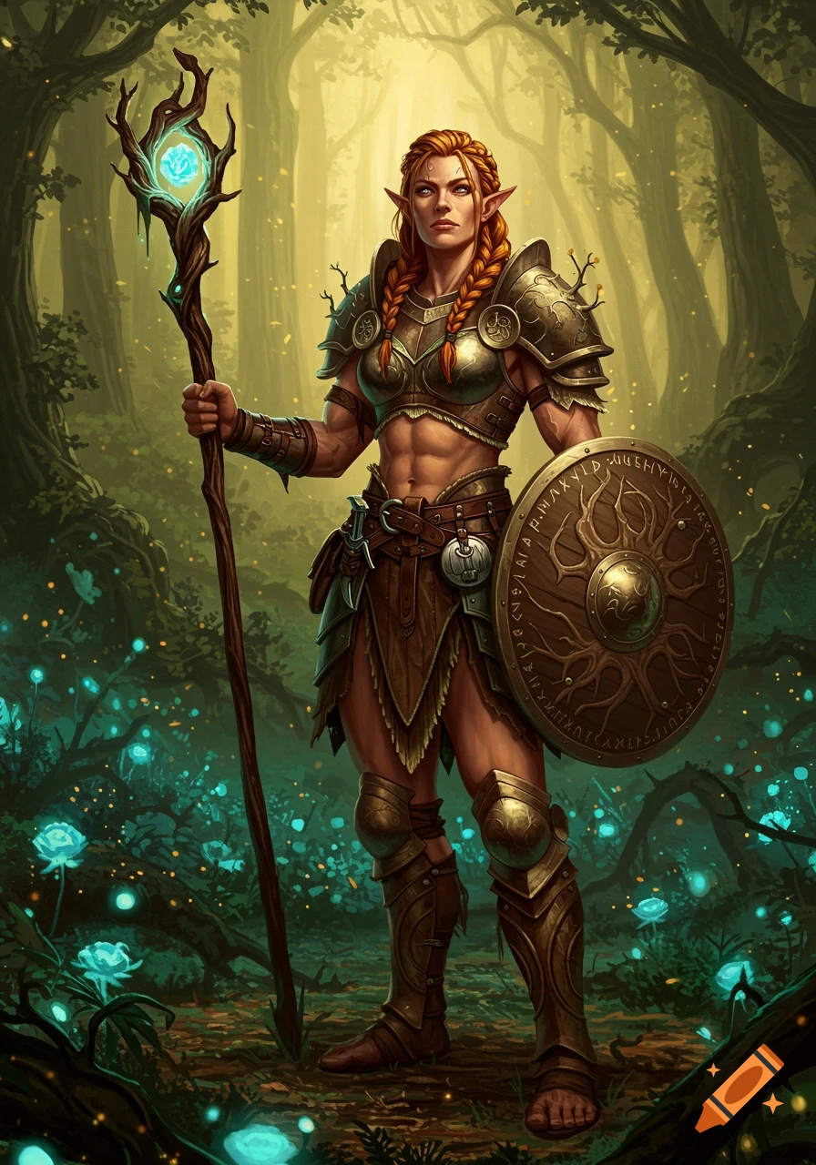 A strong female elf druid with braided red hair, clad in golden armor and leather, holding an glowing staff and shield in a vibrant forest.