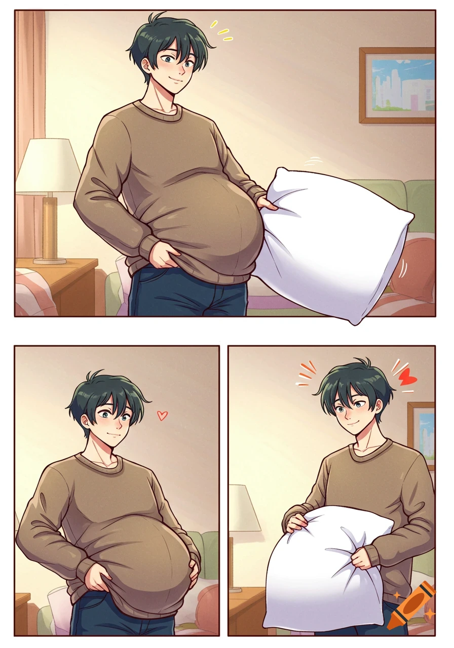 A three-panel anime comic strip shows a male character with a large, fake pregnant belly made from a pillow under his sweater.